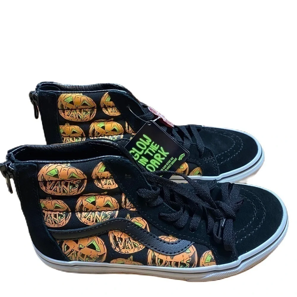 Vans Glow in the Dark Pumpkin Sneakers NEW Sk8 Hi Zip Kids Sz 1 2 12 13 Youth